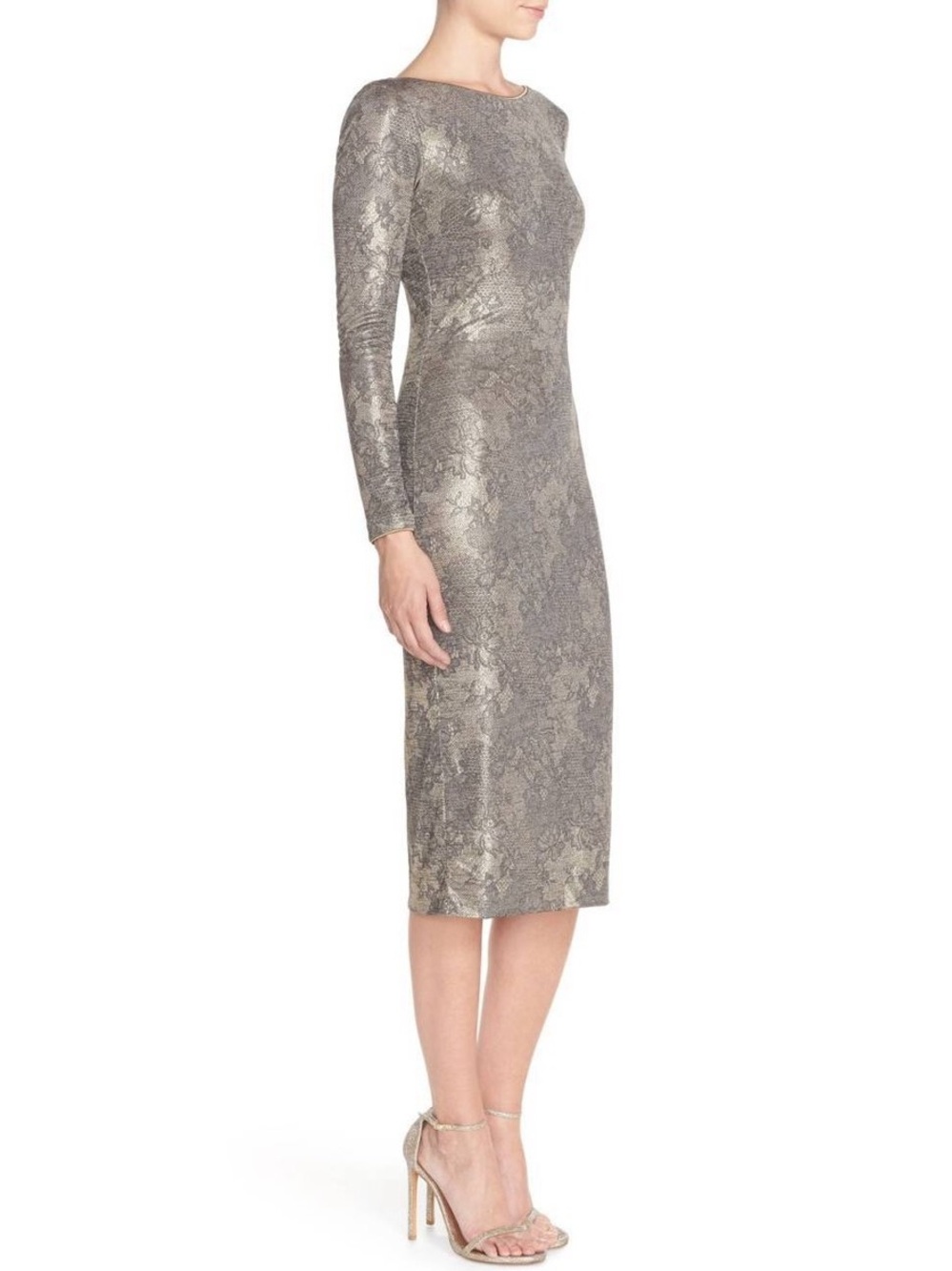 Dress the Population | Long-sleeve animal print gold midi dress